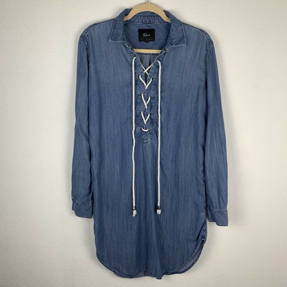 Rails Women's S Collared Long Sleeved Tunic Shirt Dress Chambray Blue Lace Up
